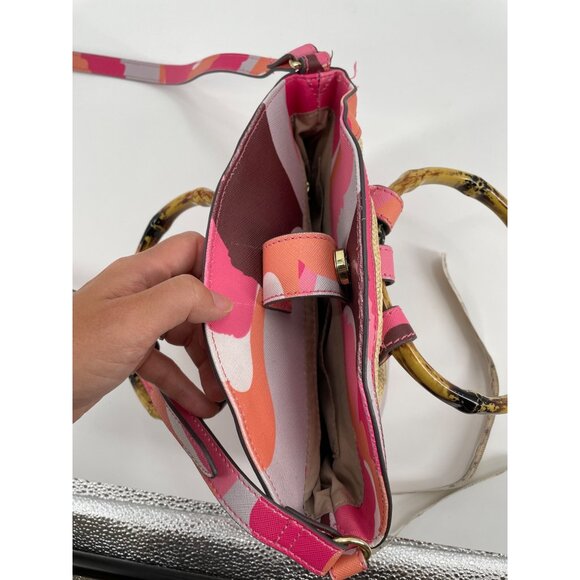 Trina Turk Rainbow Petals Floral Straw Satchel Crossbody Bag Bamboo Handles - Picture 8 of 9